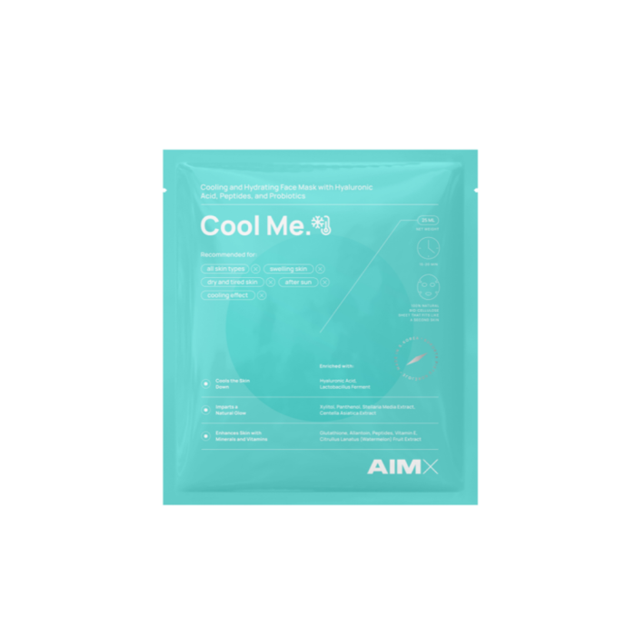 AIMX Cool Me intensyviai drėkinanti ir raminanti lakštinė veido kaukė, 1 vnt., baltos spalvos fone