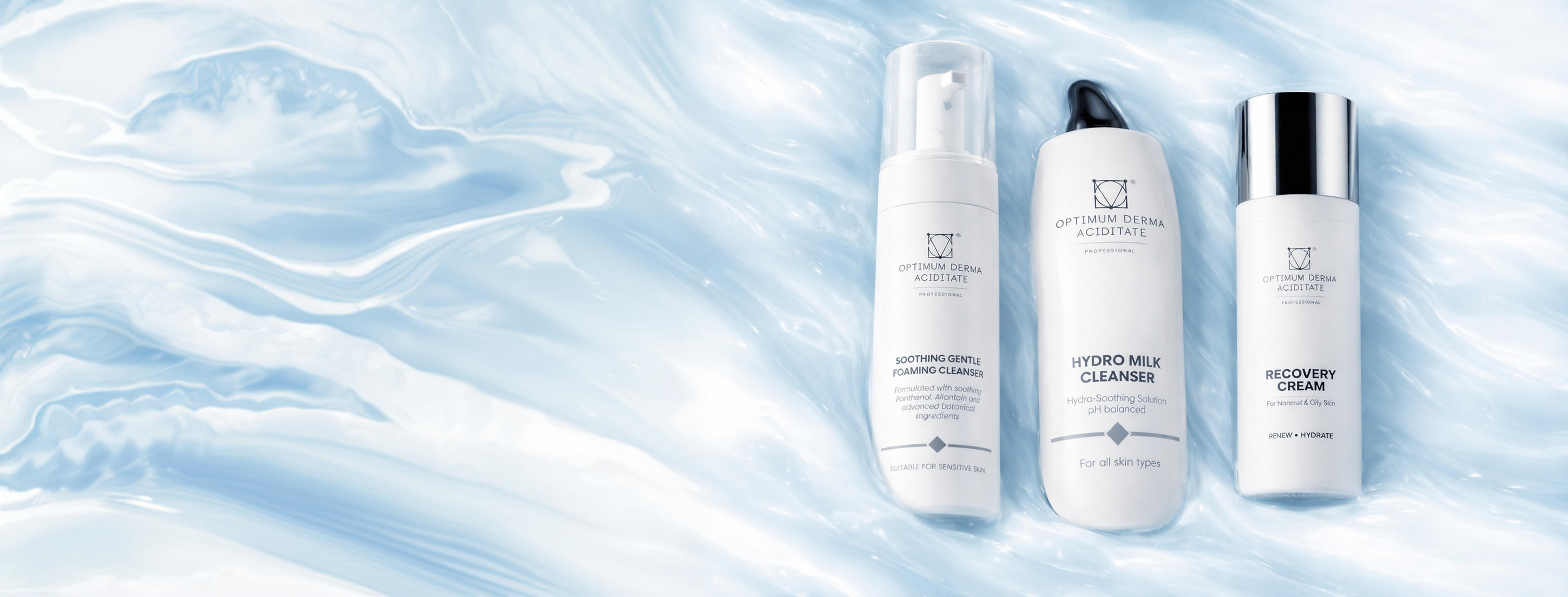 ODA Optimum Derma Aciditate produktai mėlyname fone