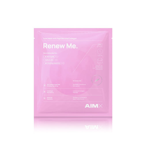 AIMX Renew Me greito poveikio veido kaukė su peptidais ir kolagenu, 1 vnt., baltos spalvos fone