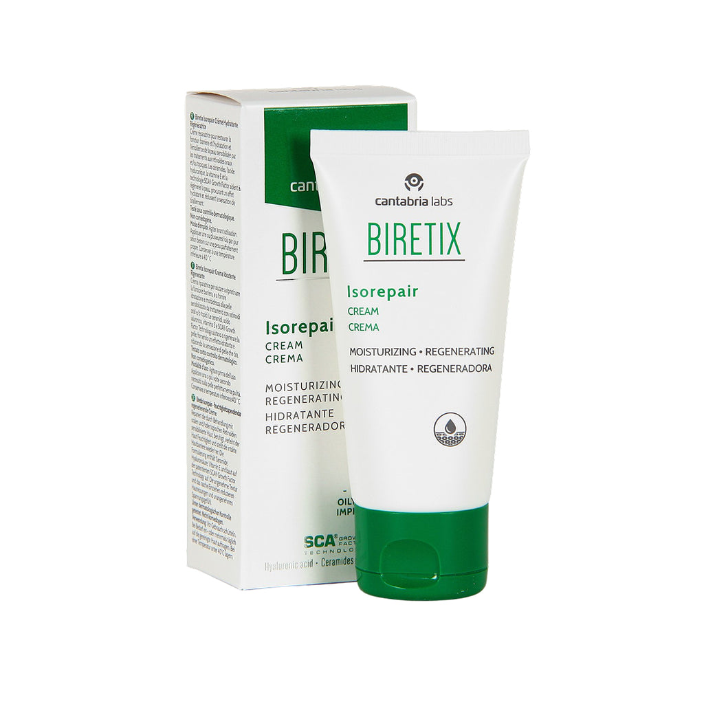 Cantabria Labs Biretix Isorepair veido kremas, 50 ml, šalia originalios žalios ir baltos kartoninės pakuotės.