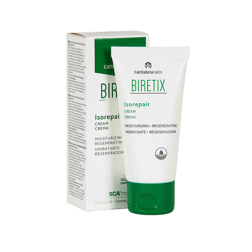 Cantabria Labs Biretix Isorepair veido kremas, 50 ml, šalia originalios žalios ir baltos kartoninės pakuotės.