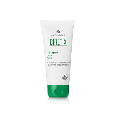 Cantabria Labs Biretix Isorepair atkuriamasis veido kremas, 50 ml, baltoje tūbelėje su žaliu dangteliu.
