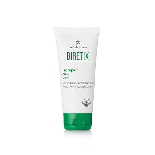 Cantabria Labs Biretix Isorepair atkuriamasis veido kremas, 50 ml, baltoje tūbelėje su žaliu dangteliu.