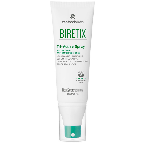 Cantabria Labs Biretix Tri-Active kūno purškiklis, 100 ml, baltos spalvos fone