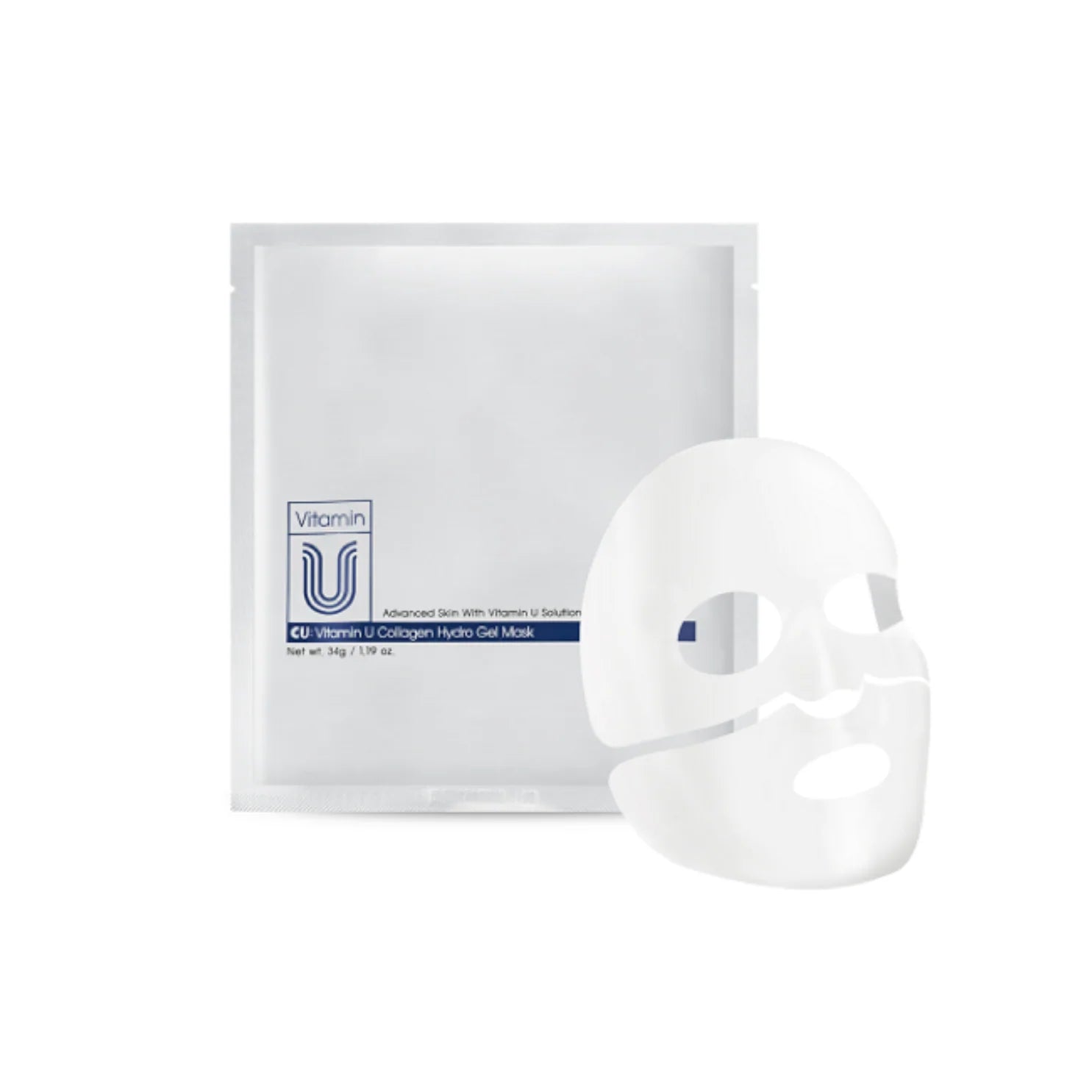 CUSKIN Dvigubo poveikio hidrogelio kaukė odos stangrinimui ir švytėjimui, 34 g, 1 vnt., baltos spalvos fone