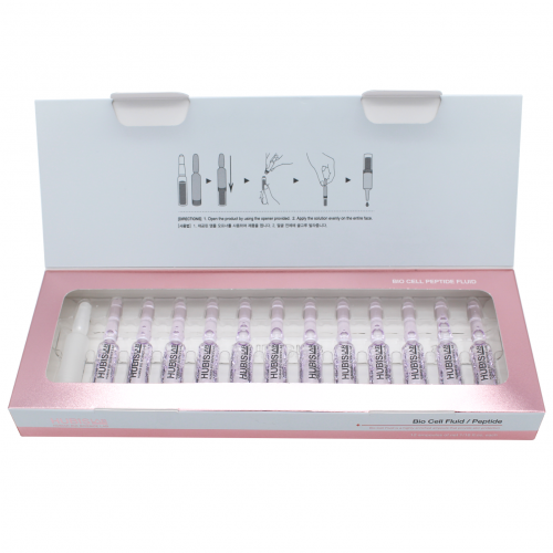 HubisLab Bio Cell peptidinis serumas, 2ml x 12vnt, atidaryta dėžutė, baltos spalvos fone