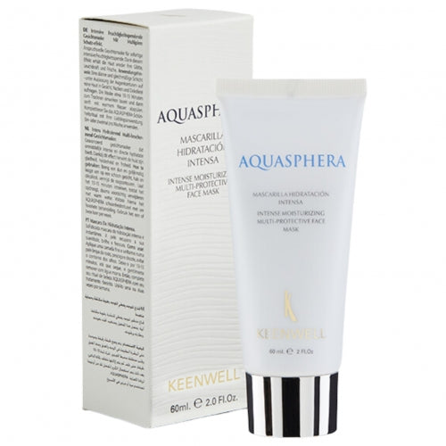 Keenwell Aquasphera intensyviai drėkinanti veido kaukė, 60 ml, baltos spalvos fone kartu su pakuote