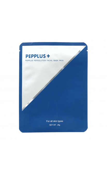 Pepplus+ Pepsolution lakštinė veido kaukė su peptidais ir hialurono rūgštimi, 25 g, baltos spalvos fone